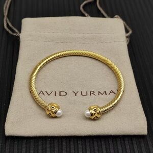 David Yurman Gold Cable Cuff Bracelet with Pearl Terminals 5mm
